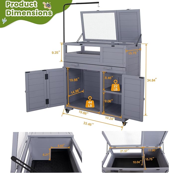 Agitree Premium Reptile Habitat Enclosure for Tortoises, Lizards, and Snakes - Adjustable Lighting, 360° Wheels, Easy-Clean Design, and Secure Ventilation-（Light Gray