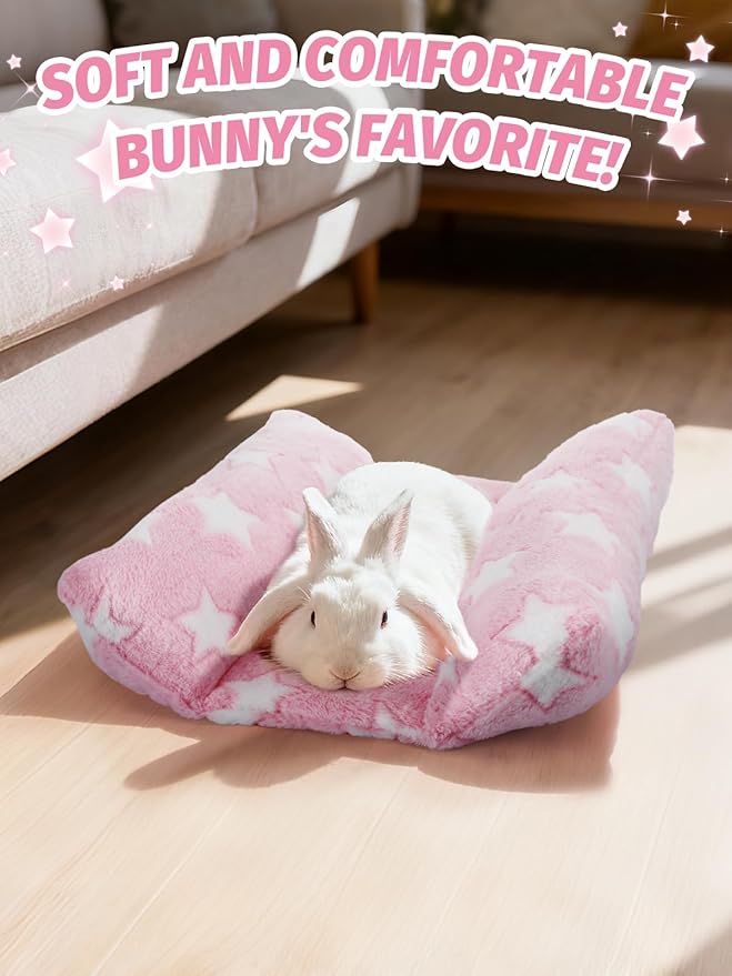 MEWTOGO 15.7" x 14" Bunny Bed for Rabbit Cage - Thickened Soft Prevent Sore Hocks Plush Mat with Cotton Lounger Pillows, Small Animal Flop Mat for Hutch Sleeping Indoor, Pink-Star