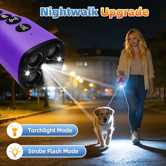 4X Ultrasonic Dog Bark Deterrent Device, 2026 Newest Stop Neighbors Dog Barking, 4 Nozzles Up 100% Efficiency, 3 Modes Humane Training Tool with Flashlight , Safe for Pet Indoor Outdoor(Purple)