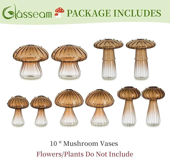Glasseam Mushroom Plant Propagation Stations: Amber Glass Terrarium Jar Set of 10 Cute Planters for Indoor Plants Mini Propagate Station Unique Christmas Birthday Gifts for Women Home Office Decor