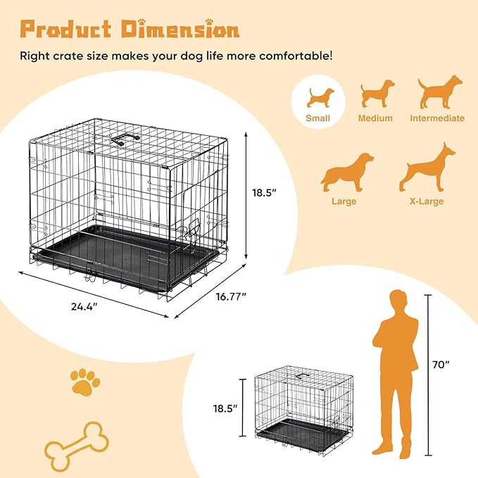 Dog Crate, Small 24 Inch Single Door Portable Puppy Dog Cage, Metal Wire Pet Kennel with Secure Lock, Leak-Proof Pan Tray, Foldable Design for Small Dog Indoor Training and Outdoor Trave