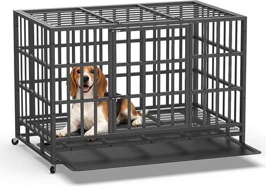 Hiwokk 42 Inch Heavy Duty Dog Crate, Indestructible Escape-Proof Dog Kennel for High Anxiety Large Dogs, Strong Metal Pet Cage with Double Doors, Lockable Wheels & Removable Tray, XL XXL XXXL