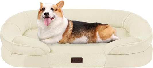 Dwanton Orthopedic Dog Bed for Medium Dogs with Gel Memory Foam, Waterproof Dog Sofa, Washable Pet Bed with Four Sided Bolster Cushion, Removable Cover & Non-Slip Bottom, 36", Beige