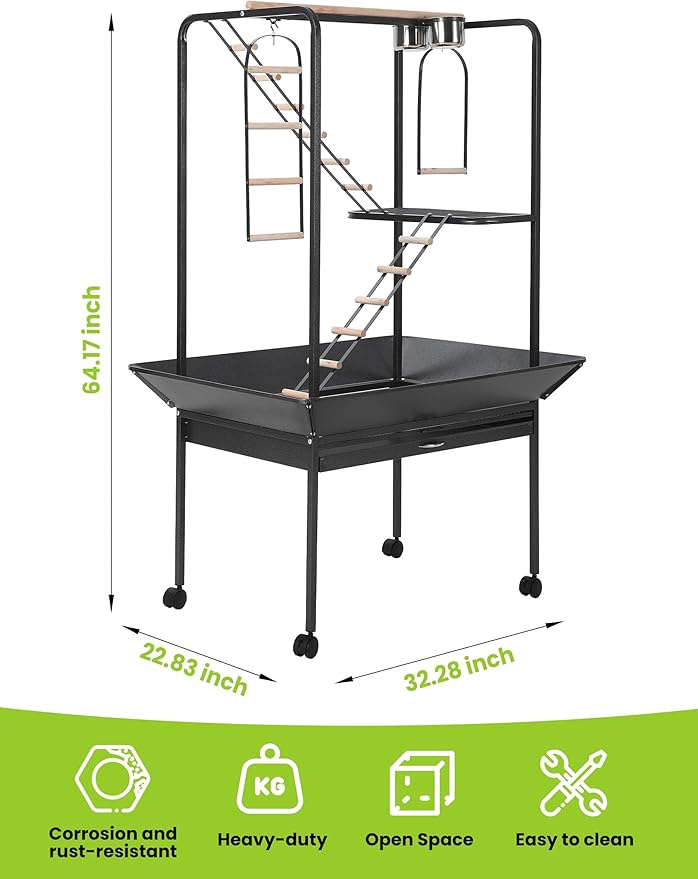 Garvee 64'' H Inch Birdcage Stand Play Center with Perches and Ladders, Indoor Outdoor Playground for Birds, Bird Playstand w/Rotated Ring Removable Tray, Lockable Caster, for Macaw and Parakeet
