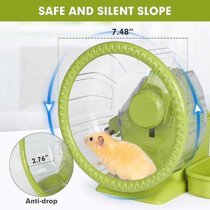 Hamster Toys 4 in 1 Multifunctional Super-Silent Exercise Toys Spinner Wheels with Water Bottle Food Container and Hideout Base Large Spinning Running Wheel for Rat Gerbils Mice (L,Green)