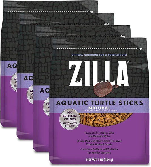 Zilla Pet Aquatic Turtle Sticks, Natural with Added Vitamins and Minerals, Nutrient-Rich Floating Food for Turtles, 1 Pound, Pack of 4
