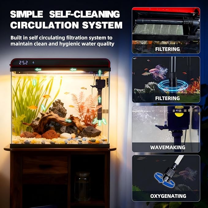 Coospider 20 Gallon Glass Fish Tank, Aquarium Starter Kit with Quiet Filter Pump, 3-Color LED Lights, Simple Self-Cleaning Aquarium with Temp Monitoring for Betta Fish, Shrimp, Kids Gift Idea