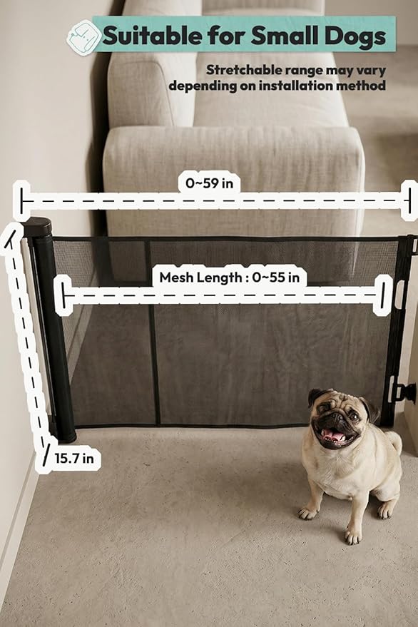15.7" H Mesh Short Dog Gate, Extends Up to 59" W Retractable Pet Gate with Drill Installation, Small Dog Gate for Stairs, Easy Step Over Low Puppy Gate for Doorways Indoor Outdoor, Black