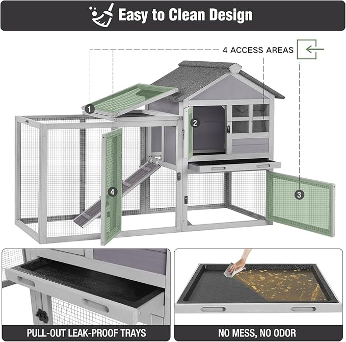 Large Rabbit Hutch Outdoor Indoor, Bunny Cage with 4 Access Areas & Pull-Out Leak-Proof Trays, Waterproof Roof Wooden Bunny Hutch for 1-2 Rabbits, Guinea Pigs, Chickens