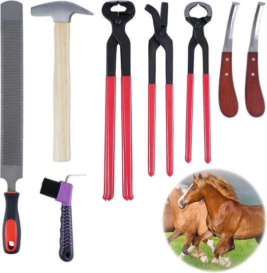 lukar 8PCS Farrier Tools Kit Horse Hoof Trimmers, Includes 16" Horse Hoof Nipper, 13" Horseshoe Cutting Pliers, 14" Hoof Nail Clincher, Hoof Hammer, Hoof Knife, Rasp File, Horseshoe Brush