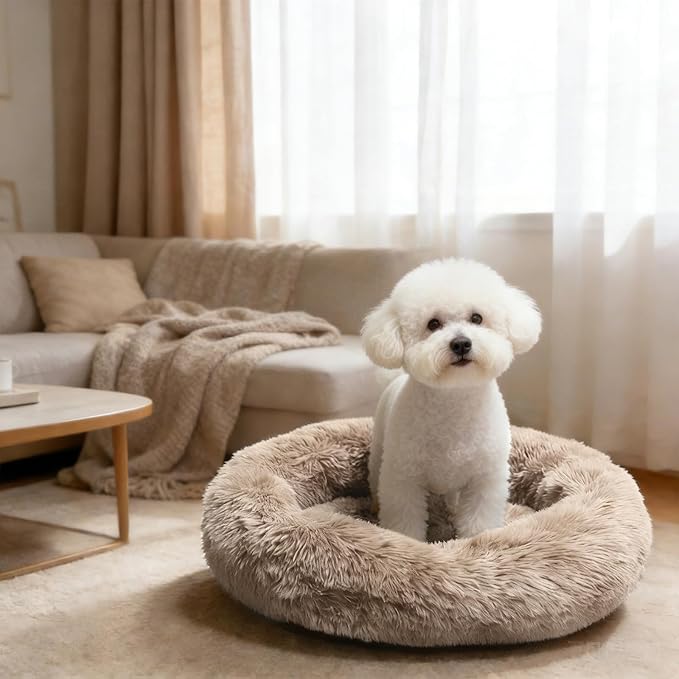 Comfort Donut Dog Bed for Small Dogs, Cat Bed & Pet Bed for Indoor Use, Medium Size with Soft Plush, Round Dog Beds for Large Dogs and Cats (Khaki, 20''Lx20''Wx8''Th)