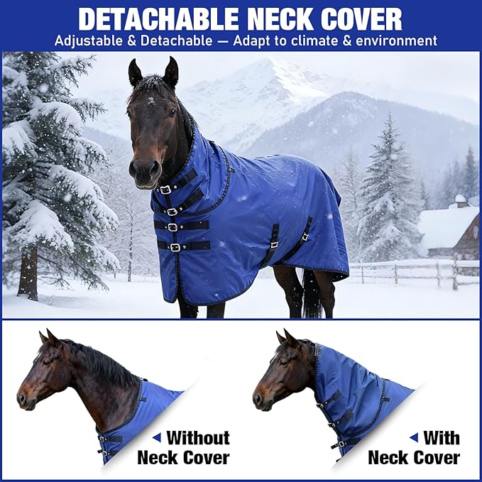 Horse Blankets Winter for Real Horses, 1600D Waterproof Poly Rain Sheets 75 Inch with Neck Cover Belly Wrap Tail Wrap Turnout Blanket, Horses Stuff Care Medium Large Weight Heavy Outdoor Clothes Blue