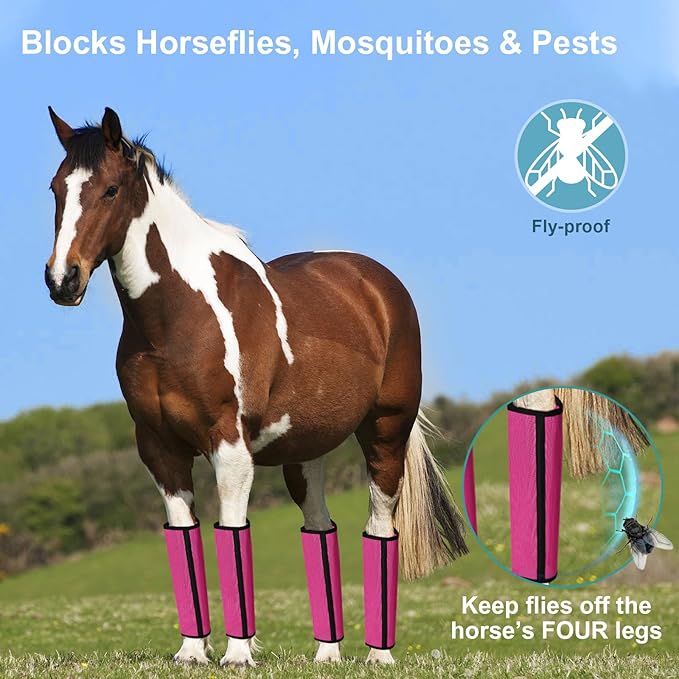 Fly Boots for Horses Set of 4 Breathable Textilene Mesh Horse Fly Boots with Stable Support & UV Protection, Comfortable Equine Boots, Reduces Stomping, Leg Fatigue & Hoof Damage(Magenta)