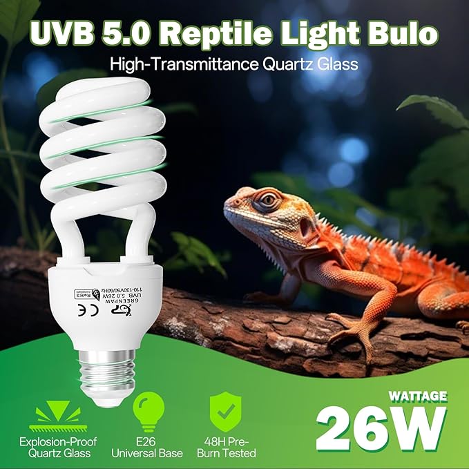 UVB Reptile Light 5.0: 26W Tropical & Subtropical UVA UVB Reptile Light Bulb, UVB Light for Reptiles Compact Fluorescent Terrarium Lamp,UVB Bulb for Chameleon Turtle Gecko Include UV Sensor Card