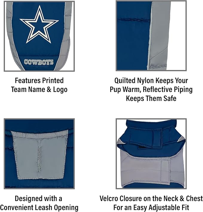 NFL Dallas Cowboys Puffer Vest for Dogs & Cats, Size Large. Warm, Cozy, and Waterproof Dog Coat, for Small and Large Dogs/Cats. Best NFL Licensed PET Warming Sports Jacket