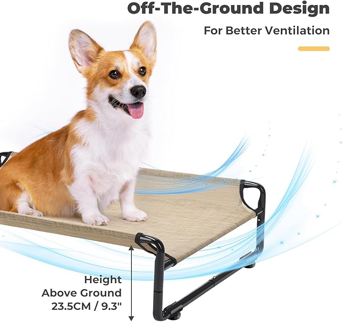 Veehoo 35" Medium Raised Dog Bed, Washable Dog Cot with Headrest Sides, Outdoor Elevated Dog Bed with Non-Skid Feet, Breathable Mesh, Portable Pet Hammock for Indoor or Camping, Beige
