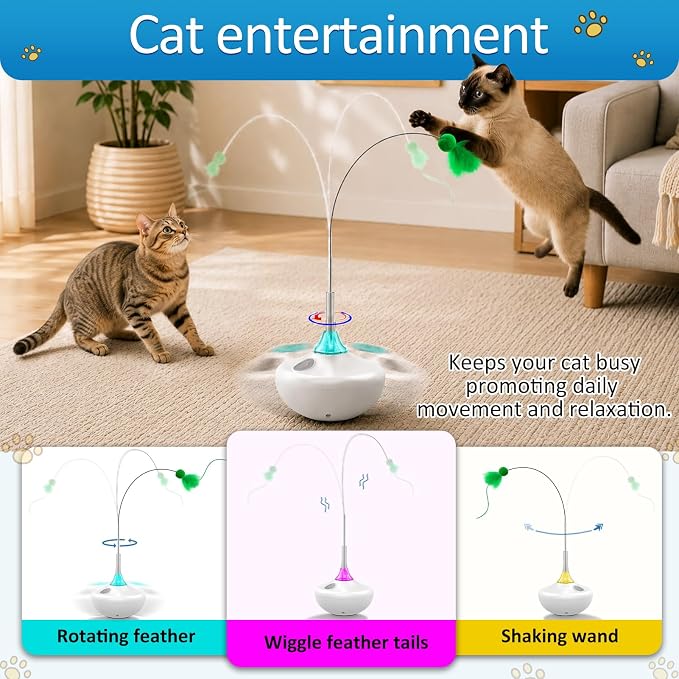 Interactive Cat Toy with Touch Activation, Automatic Spin Cat Toys for Indoor Cats, 26-Inch Extra Long Feather Wand, Rechargeable - Image 3