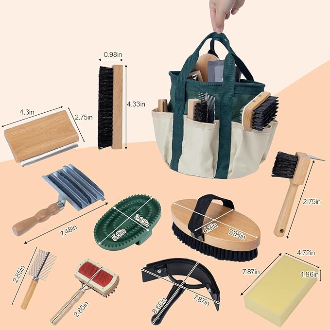 13-Piece Horse Grooming kit for Daily Care,Complete Horse Supplies Set with Wood Brushes, Tack Essentials, Curry Tools, and Practical Horse Accessories for Farm & Stable Use