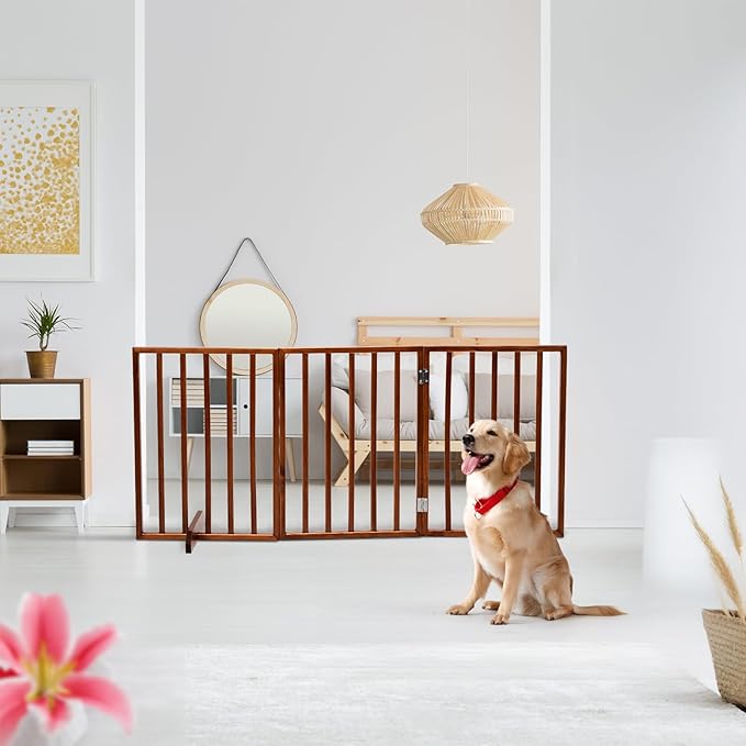 BONNLO Free Standing Dog Gate Indoor, Foldable Pet Gate for Dogs and Puppy, 24" Height Wooden Dog Gates for Doorways Extra Wide/Stairs/Hallways (Brown, 3 Panel)