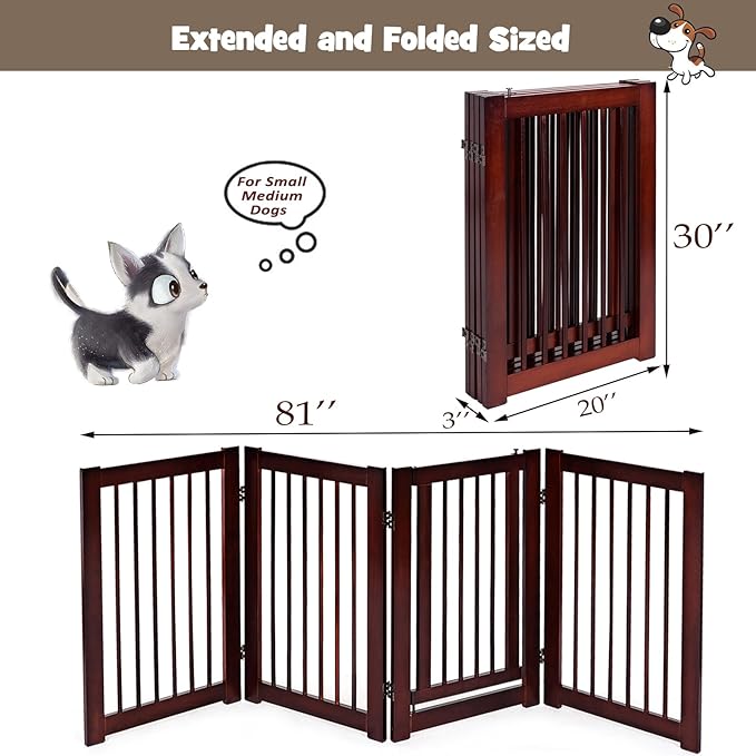 Tall Dog Gate with Door, 4-Panel 30 inch High Wooden Puppy Playpen, Freestanding Pet Door Gates, Folding Indoor Pet Enclosure, Extra Wide Room Divider for House, Stairs, Doorway