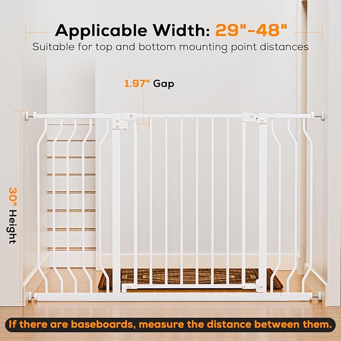 29-48" c, Baby Safety Essentials, Auto Close Gate for Doorways, Easy Install Pressure Mounted Dog Gate Indoor, Pet Gates for Dogs, White