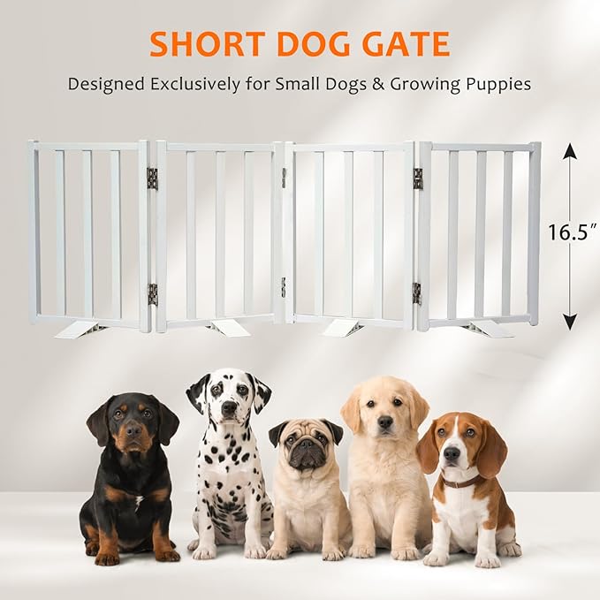 Snagle Paw Short Dog Gate,16.5" Tall Freestanding Metal Dog Gate Only for Small Dogs with Support Feet Easily Step Over,Up to 48" Wide Puppy Gate Indoor for Stairs,Doorways(White,4 Panel)