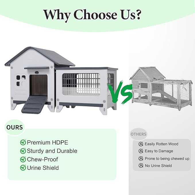 Rabbit Hutch Outdoor Indoor Plastic Waterproof Bunny Cage Enclosure Chew-Proof Rabbit House Guinea Pig Cage Pet House for Small Animals,Two Room