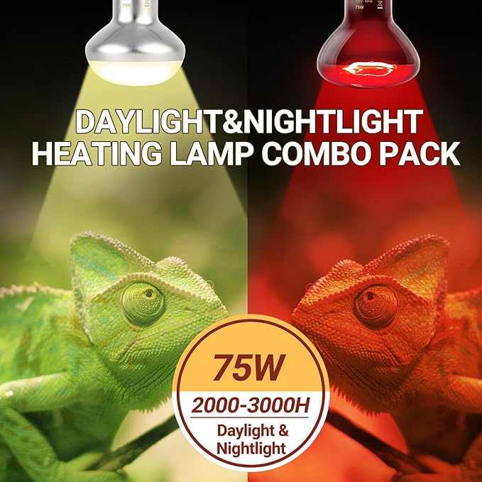 Oiibo Reptile Heat Lamp Blub, 2Pack 75W Day & Night Reptile Heat Lamp,UVA Daylight Heat Basking Bulbs Infrared Heats Light Bulb for Reptiles Bearded Dragon Lizard Turtle