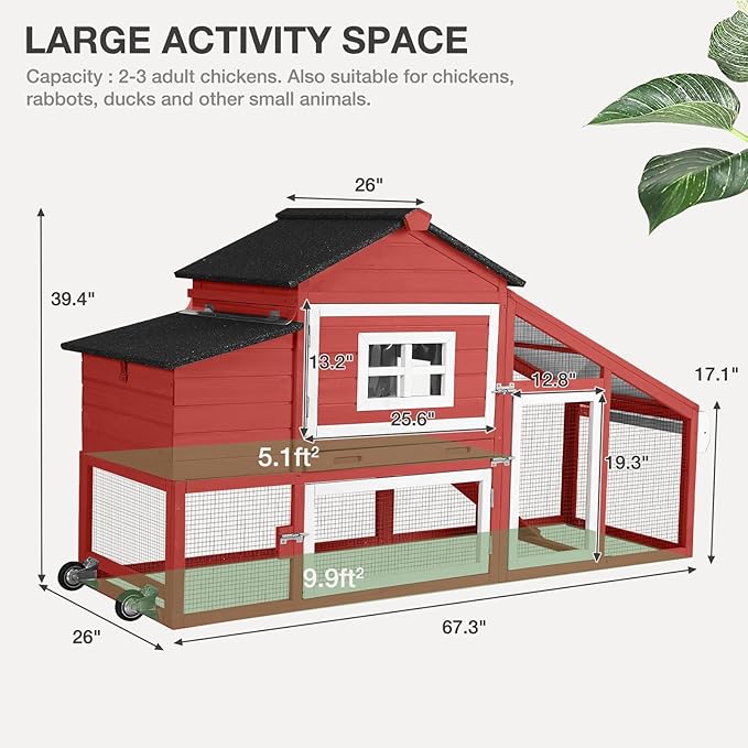 Wooden Chicken Coop with Run, Mobile Chicken House with Wheels, Outdoor Hen Poultry Cage with Leak-Proof Tray and Nesting Box, Lager Chicken Coops with UV-Resistant Roof for 2-3 Chickens (Red)
