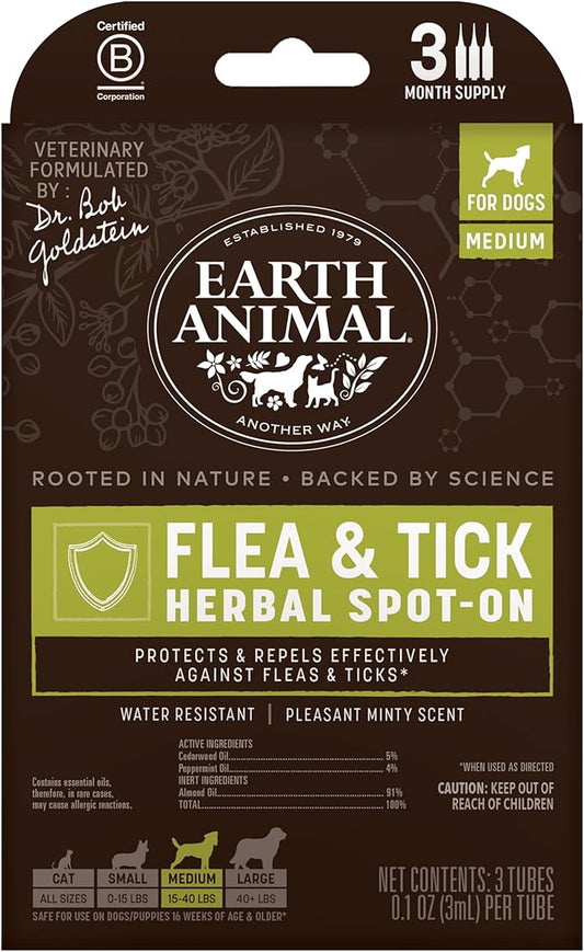 Earth Animal Apothecary Natural Flea & Tick - Herbal Spot-On for Medium Dogs - 3 Applications (3 Month Supply)