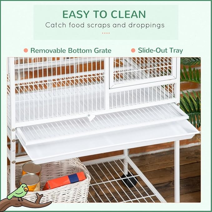 Bird Cage Outer Perch and Ladder,Hooks for Hanging Toys,Two Perches High-Security Latches,Removable Bottom Grate and Slide-Out Tray White