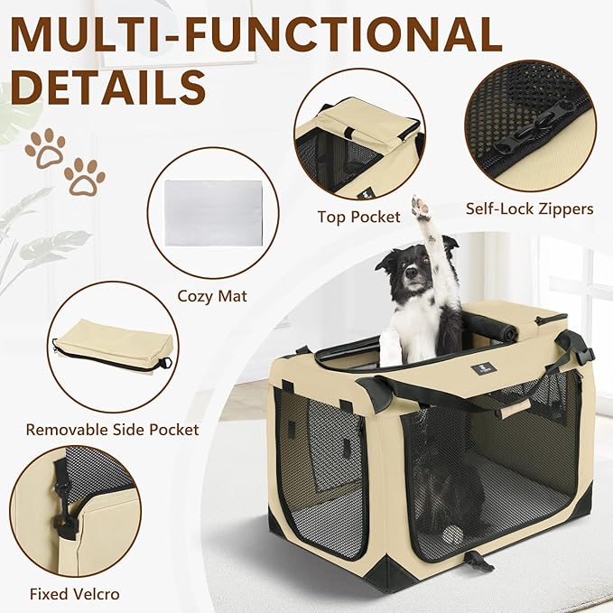 X-ZONE PET Dog Crate 3-Door Kennel, Collapsible Portable Soft Sided Pet Carriers for Indoor & Outdoor, Multiple (28-Inch, Rice White)