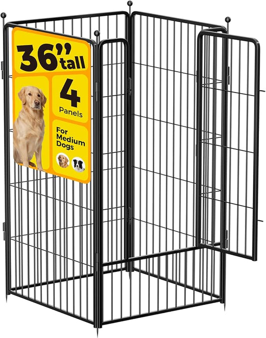 Dog Playpen 36 inch 4 Panels for Indoor & Outdoor Use – Heavy-Duty Metal Pet Fence with Ground Stakes, Rounded Ball Tops for Safety, Stable & Foldable Design, Easy to Assemble
