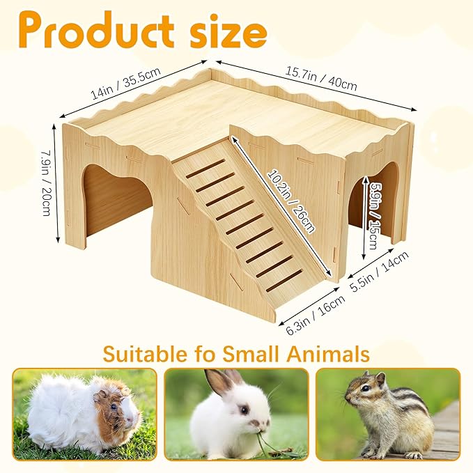 BNOSDM Upgraded Wooden Guinea Pig Hideout with Stair & Loft 2 Tier Detachable Cavy Castle 2 Door Small Animal House Habitat Dwarf Rabbit Climbing Toy Accessories for Cage