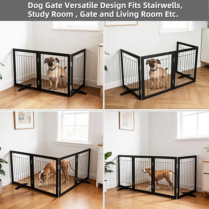 ZJSF Freestanding Dog Gate Indoor, Foldable Dog Fence for Doorways,Hallways or Stairs, Sturdy Wood Extra Wide Pet Gate with Support Feet,Black,32 "Height-3 Panels