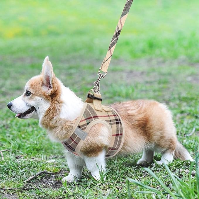 KOOLTAIL Dog Harness and Leash Set for Small Medium Dogs, Step in No Pull Soft Mesh Dog Harness Comfort Padded Pet Vest, Adjustable Reflective Easy Walking Puppy Cats Harnesses Training, Plaid Beige M