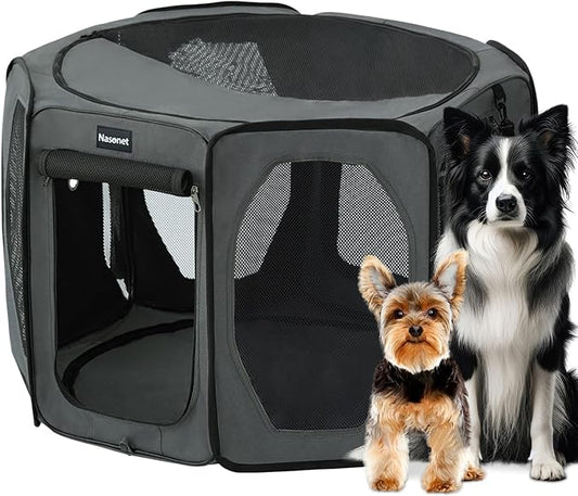 Nasonet Dog Playpen, Cat Dog Crate Portable Pet Exercise Cage Kennel House Puppy Playpen Animal Playpen Indoor/Outdoor, Water-Resistant Kennel Tent with Traveling Bag (Grey, Large)