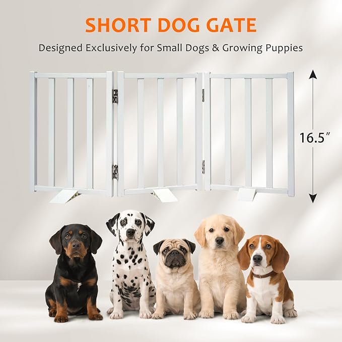 Snagle Paw Short Dog Gate,16.5" Tall Freestanding Metal Dog Gate Only for Small Dogs with Support Feet Easily Step Over,Up to 36" Wide Puppy Gate Indoor for Stairs,Doorways(White,3 Panel)