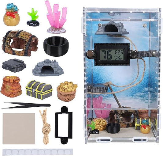 DIY Jumping Spider Enclosure,4.7"x4.7"x7.9" Escape-Proof Spider Terrarium,Small Invertebrate Acrylic Accessories Set,with Temperature and Humidity Detector,Platform,Hide,Tweezer,Feeding Bowl