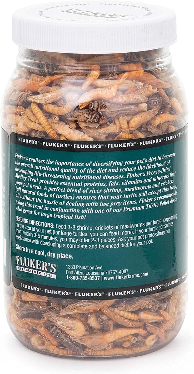 Fluker's Aquatic Turtle Food,Vitamin,Enriched Medley Treats of Freeze,Dried River Shrimp,Mealworms,and Crickets,2.9 oz,(Pack of 2)