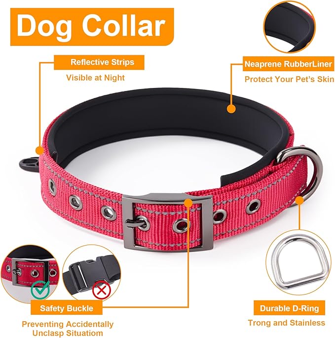 Annchwool No Pull Dog Harness,Heavy Duty Reflective Collar & Leash Set-Leash with Double Handle & Car Seatbelt Clip-Easy Control for Walking Training Medium Large Size Dogs(Red,M)