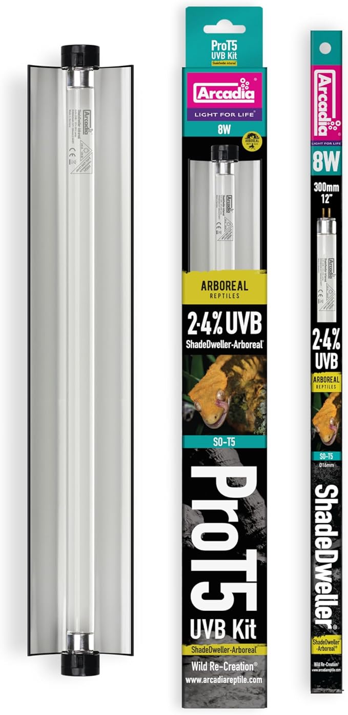 Arcadia T5 UVB Reptile Light Fixture Kit 12" Long 8 Watts 2.4% ShadeDweller-Arboreal – Complete UVB Light for Arboreal Reptiles, Basking Lamp for Geckos and Tree-Dwelling Species, Easy Indoor Lighting