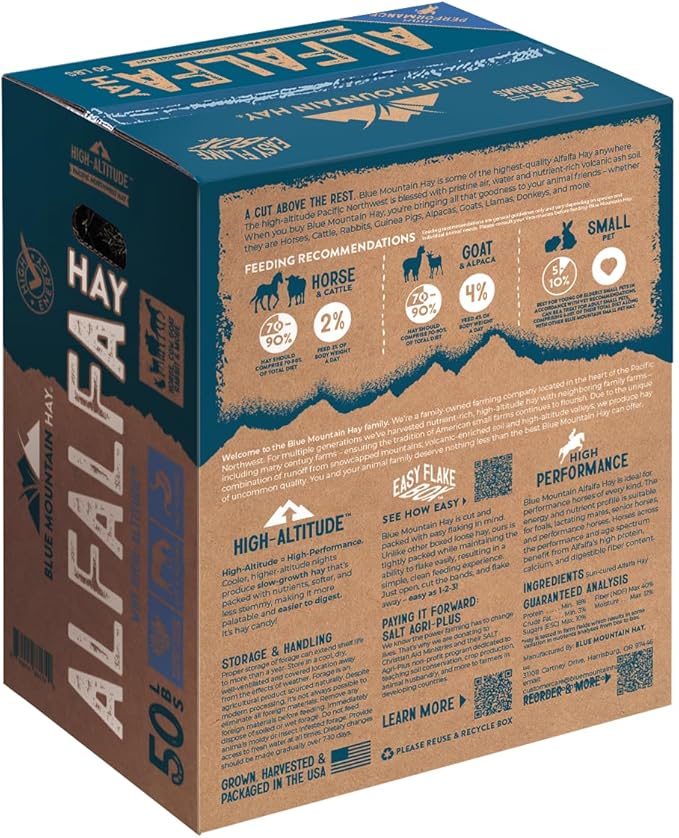Blue Mountain Hay High-Altitude Alfalfa Hay Easy Flake Box (50 lb),Leafy Texture, High Protein Fiber & Minerals, Easy Storage Feed Solution for Homestead Use