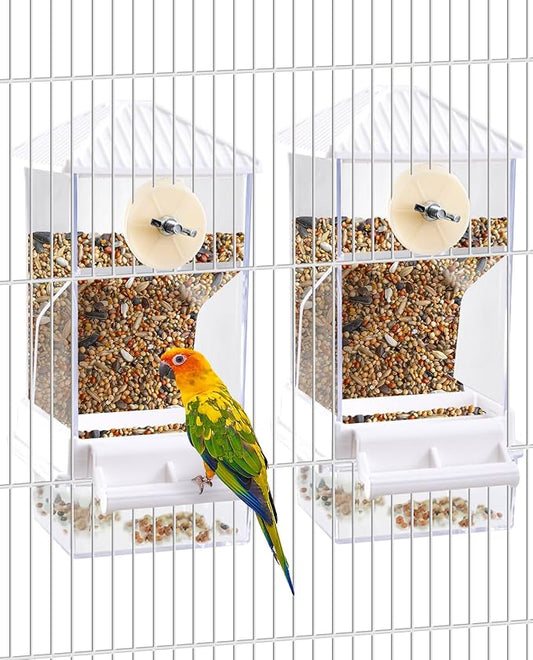 Hamiledyi Automatic Bird Feeder 2 Pcs No Mess Bird Cage Feeder Seed Food Container with Perch Transparent Parrot Cage Accessories for Parakeets, Budgies, Cockatoos, Finches, Lovebirds (White)