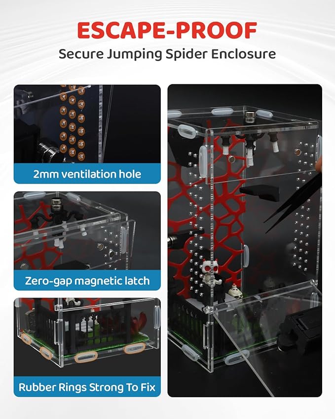 DIY Jumping Spider Enclosure, 4.7"x4.7"x7.9" Escape Proof Spider Terrarium, Small Reptile Acrylic Accessories Set, with Temperature and Humidity Detector, Platform and Hide, Tweezer, Feeding Bowl