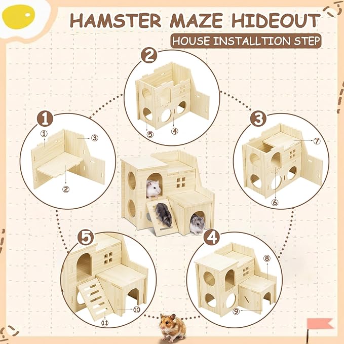BreezeHug 4 Pcs Hamster Platform Hideout Wooden Tunnel Ladder Playhouse Hamster Game Climbing Toy with Platform Cage Accessories for Small Pets Dwarf Syrian Mice Degus Gerbils Squirrel(Spy Villa)