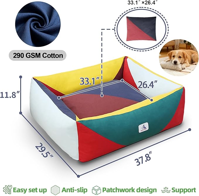 290 GSM Cotton Canvas Dog Couch Bed, Washable Removable Cover, Tough Bolster with Supportive Chopped Foam, Anti-Slip Bottom (Large)
