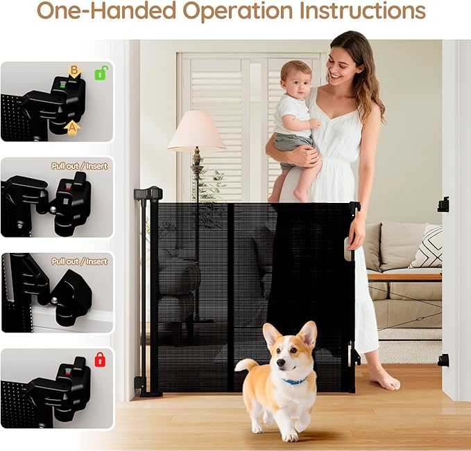 Miumoon One-Hand Operation Retractable Baby Gates, 120 inch Retractable Gate with Reinforced Strip Design to Prevent Crawling Through, 10 FT Extra Wide Retractable Dog Gate for Indoor/Outdoor