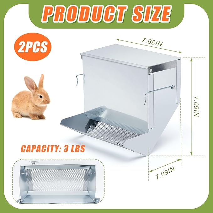 Maxcheck 2 Pcs Rabbit Feeder for Cages Small Animal Food Pellet Dispenser with Lid Metal Chicken Grit Oyster Shell Squirrel Feeders Outside(7.7 Inches,Mesh Bottom,Silver)