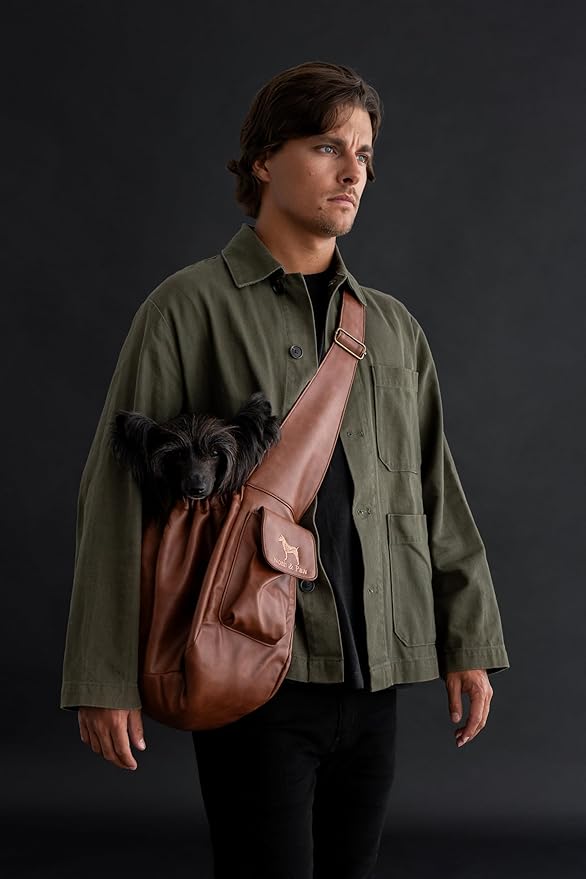 Noah & Paw Dog Sling Carrier for Small Dogs 5-18lb, Dog Sling for Small Dogs and Cats, Dog Carrier with Adjustable Padded Strap, Vegan Leather Lined with Fur, Double Safety Feature, Machine Washable